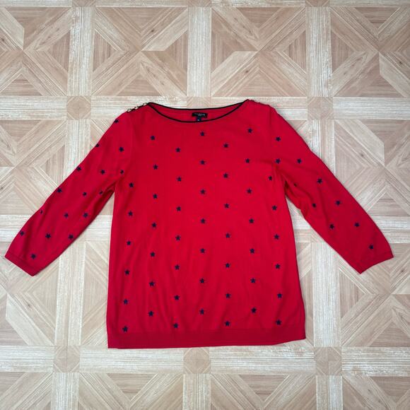 Talbots Petites Red Sweater Womens MP Embroidery Stars Button Shoulder Detail - Picture 9 of 9